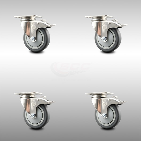 Service Caster 4 Inch 316SS Thermoplastic Rubber Swivel Top Plate Caster Set Total Lock Brake SCC-SS316TTL20S414-TPRB-4 - main